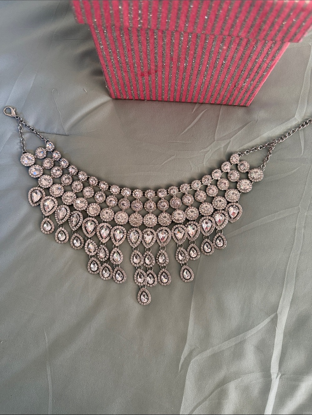Crystal Fringe Statement Necklace - Silver Tone elegant